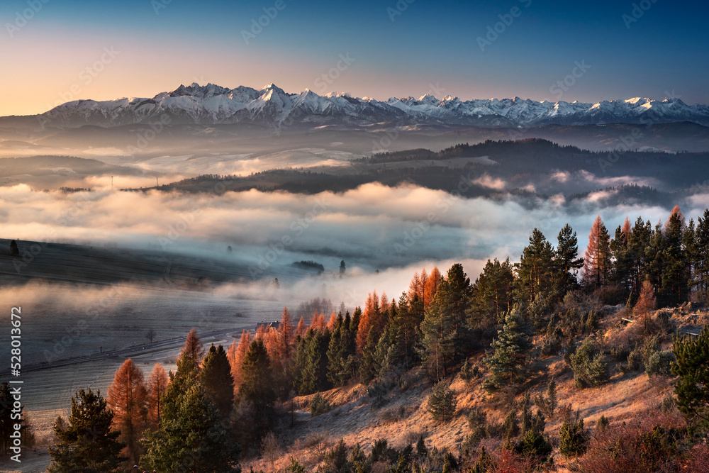 December, view from the Pieniny Mountains - Mount Wżdżar on the Tatra Mountains and fog. Grudzień, widok z Pienin - góra wżdżar na tatry i mgły.  - obrazy, fototapety, plakaty 