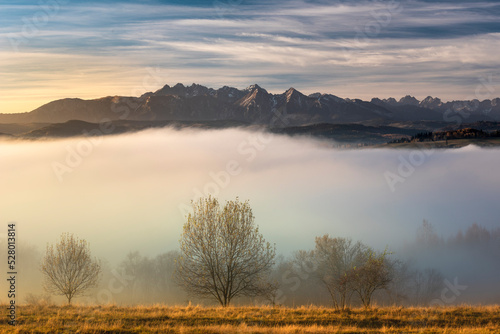A foggy  autumn morning in the Pieniny Mountains with a view of the Tatra Mountains.  Mglisty  jesienny poranek w Pieninach z widokiem na Tatry. 