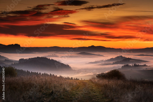 Autumn  fog. View from Spisz to the Pieniny Mountains. Sunrise. Jesie    mg  a. Widok ze Spisza na pieniny. Wsch  d s  o  ca. Barwy i kolory jesieni. Wsch  d s  o  ca 