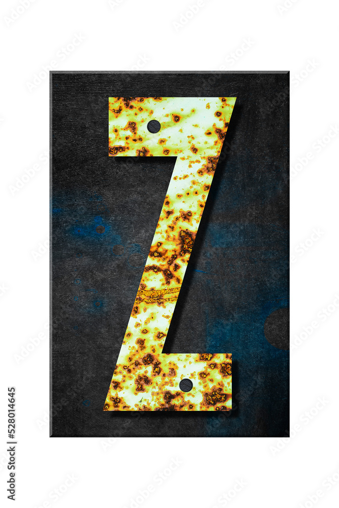 Letter Z. Alphabet from letters, from rusty iron, on a wooden plank. Isolated on white background. Education. Design Letter Z. Alphabet from letters, from rusty iron, on a wooden plank. Isolated on white background. Education. Design