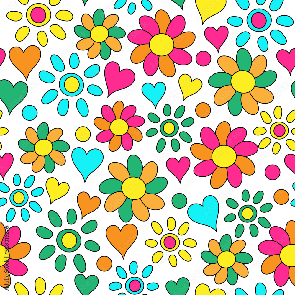 Floral colorful seamless pattern. Flowers, hearts and polka dots. Doodle. Groovy. Prints, textiles, packaging template, bedding and wallpaper.