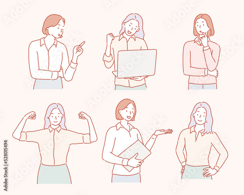 Business woman illustration in different emotions and poses. Hand drawn style vector design illustrations. 