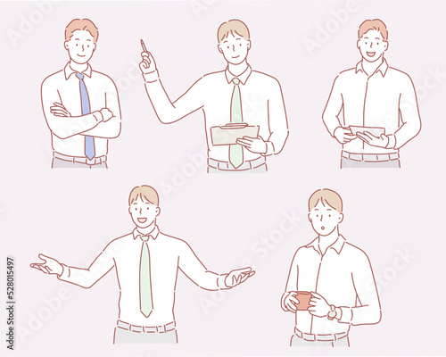 Business man illustration in different emotions and poses. Hand drawn style vector design illustrations. 