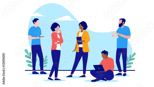 Diverse team of people working - Businesspeople characters with different ethnicity and genders standing and doing work together. Flat design vector illustration with white background