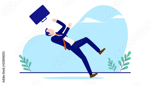 Falling businessman in corporate suit failing and being a business failure. Unsuccessful career and misfortune concept. Flat design vector illustration with white background