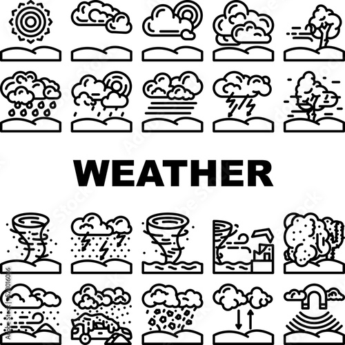 weather forecast rain sun cloud icons set vector. climate temperature, meteorology sky, sunny nature, storm wind, snow cold day weather forecast rain sun cloud black contour illustrations