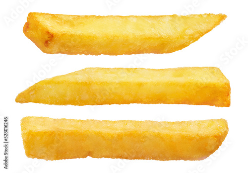 Set of delicious potato fries sticks close-up, isolated on white background