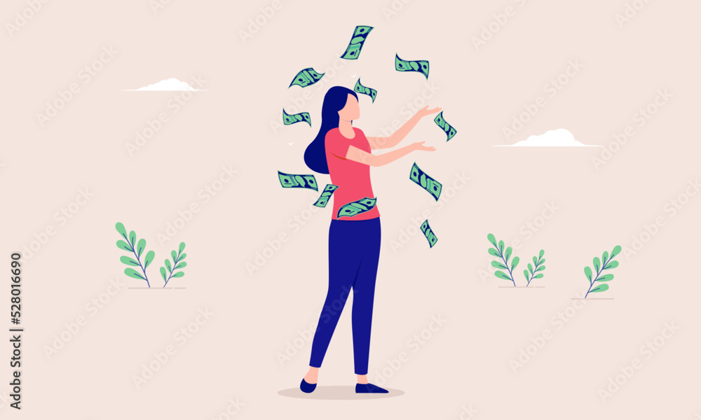 Woman with money - Female person making money, standing in casual clothes throwing paper bills in air. Flat design vector illustration Woman with money - Female person making money, standing in casual clothes throwing paper bills in air. Flat design vector illustration