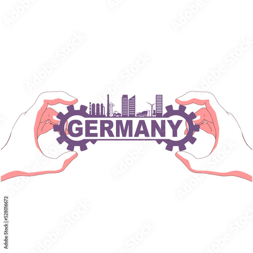 Hand holding Germany country name with energy generation , power supply, technology and industry relative icons.