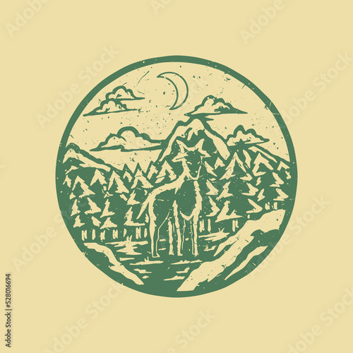 Distressed stamp illustration of goat in the forest