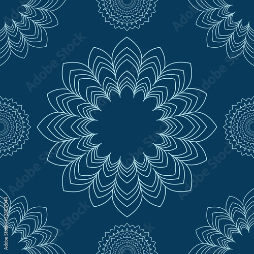 Seamless vector pattern with baby blue simple mandala line art floral design. isolated on a darkblue background. Perfect for printing on fabric or paper.