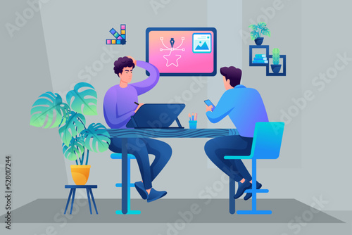 Designer and the customer discuss the sketch. Brainstorming. Collaboration, Edits from the customer. Freelance. Concept of web design