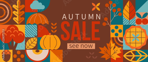 Autumn sale 2022 horizontal banner with pumpkin,pie,maple leaf in geometric simple style for seasonal shopping promotion,web.Template for discount cards,flyers, posters, ad,presentation, print.Vector.