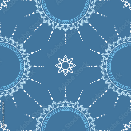 Seamless vector pattern with handdrawn flower mandala line art. isolated on a softblue background. Perfect for printing on fabric or paper.