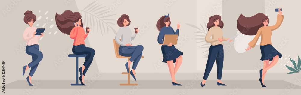 Set of girls with different emotions and movements. Change body parts and create new 2D characters for illustrations and animation. Vector Set of girls with different emotions and movements. Change body parts and create new 2D characters for illustrations and animation. Vector