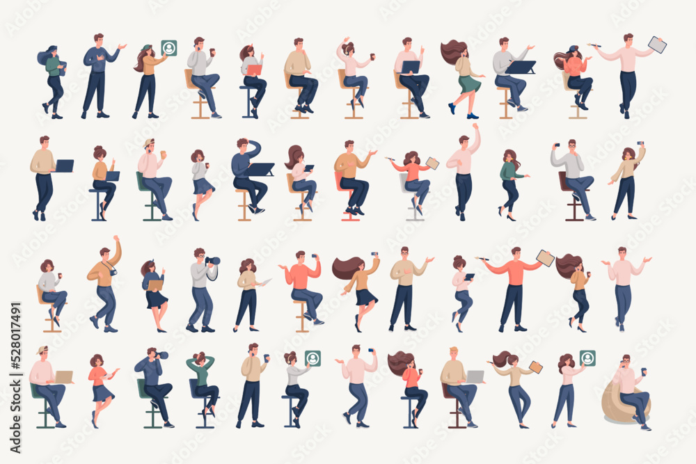 Set of happy people demonstrating the joy of work, draws, works at a laptop, composes poems, programs. Color flat vector illustration
