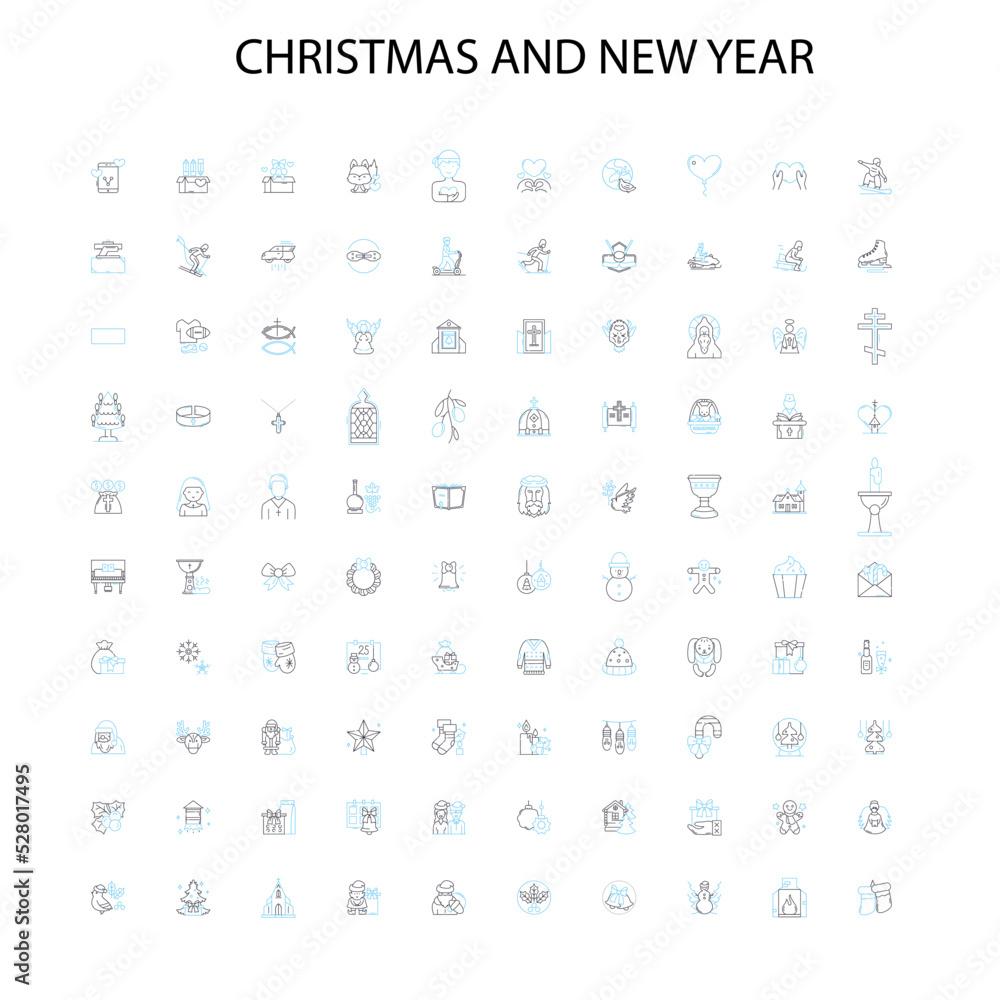 christmas and new year icons, signs, outline symbols, concept linear illustration line collection