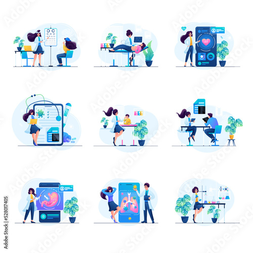 Set of mini concepts of doctors, optometrist, gynecologist, cardiologist, neurosurgeon, pediatrician