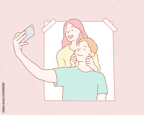 Selfie lover couple. Vector illustration portrait character of young man and woman, holding smartphone, making selfie photo with smile and happiness. Hand drawn style vector design illustrations.