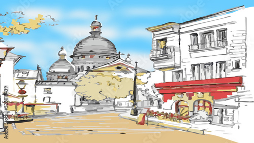 Color sketch of a tourist attraction with a dome-shaped church, various buildings, sidewalks and trees, vector illustration