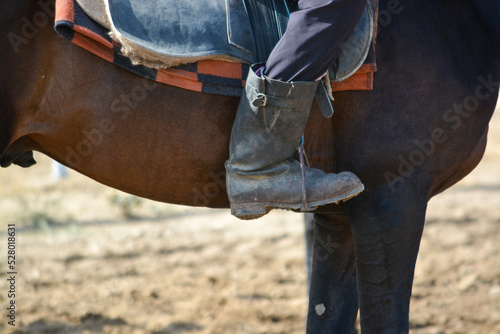 Fragment of horse and human legs. Baige competition. Kazakhstan.