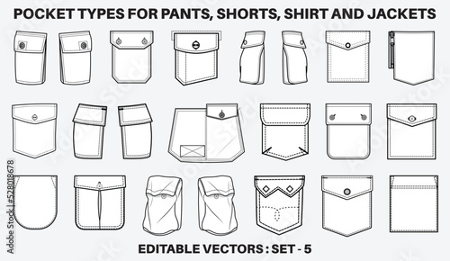 Patch pocket flat sketch vector illustration set, different types of Clothing Pockets for jeans pocket, denim, sleeve arm, cargo pants, dresses, bag, garments, Clothing and Accessories