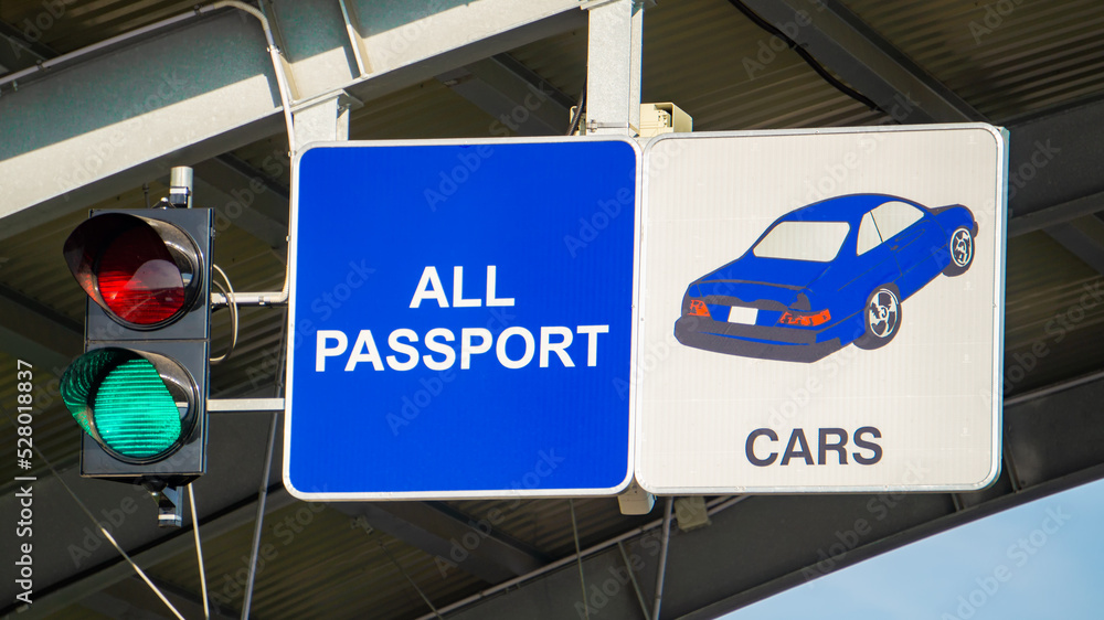 European Border Crossing Sign With Green Traffic Light Customs