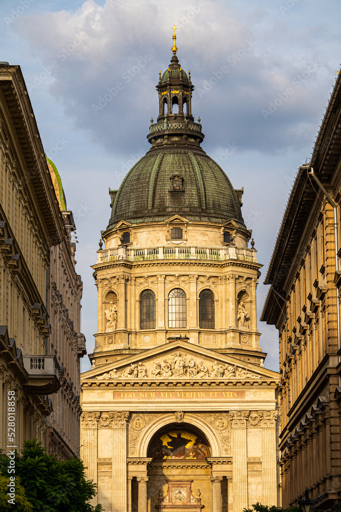 The Central Dome of St. Stephen's Basilica at sunset. The Roman Catholic Cathedral in Budapest, Hungary, was named in honor of Stephen the first King of Hungary. 