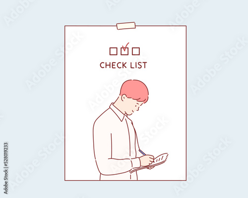 Man taking a memo. The background is a checklist note. Hand drawn style vector design illustrations.