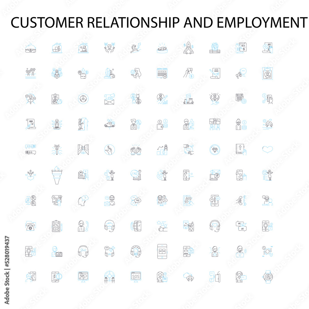 customer relationship and employment icons, signs, outline symbols, concept linear illustration line collection customer relationship and employment icons, signs, outline symbols, concept linear illustration line collection