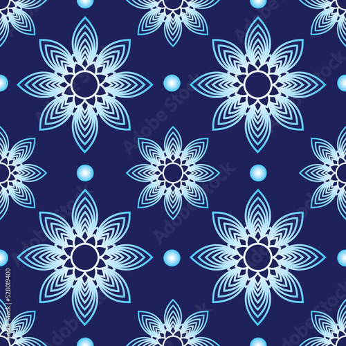 Seamless vector pattern, repeating line art flower mandala. isolated on a darkblue background. Graphic clean design for fabric, event, wallpaper etc.