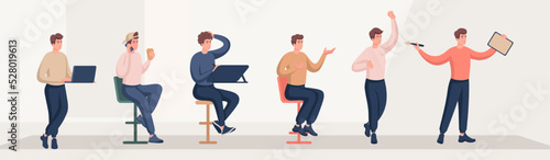 Set of men with different emotions and movements. Change body parts and create new 2D characters for illustrations and animation