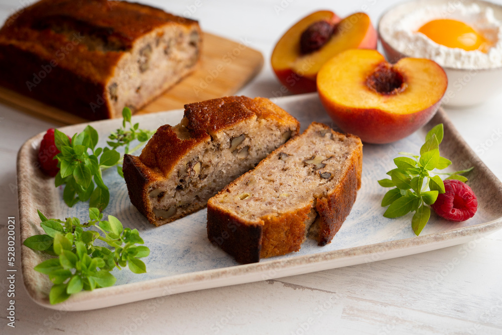 Vegan cake with peach and banana. Traditional recipe.