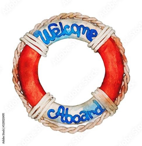 nautical welcome aboard beach lifebouy see lifeguard ring watercolour photo