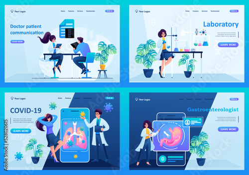Set of concepts for web design. Gastroenterologist, therapist, laboratory, COVID-19 test. Concept for landing page
