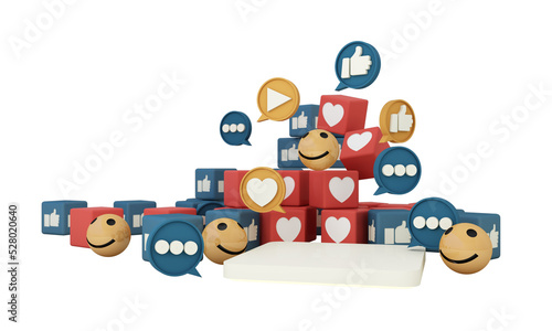 Digital Marketing, web analytics and marketing social media concept with play, chat message, love icon, magnifying glass and display bar and smile face. 3d rendering illustration