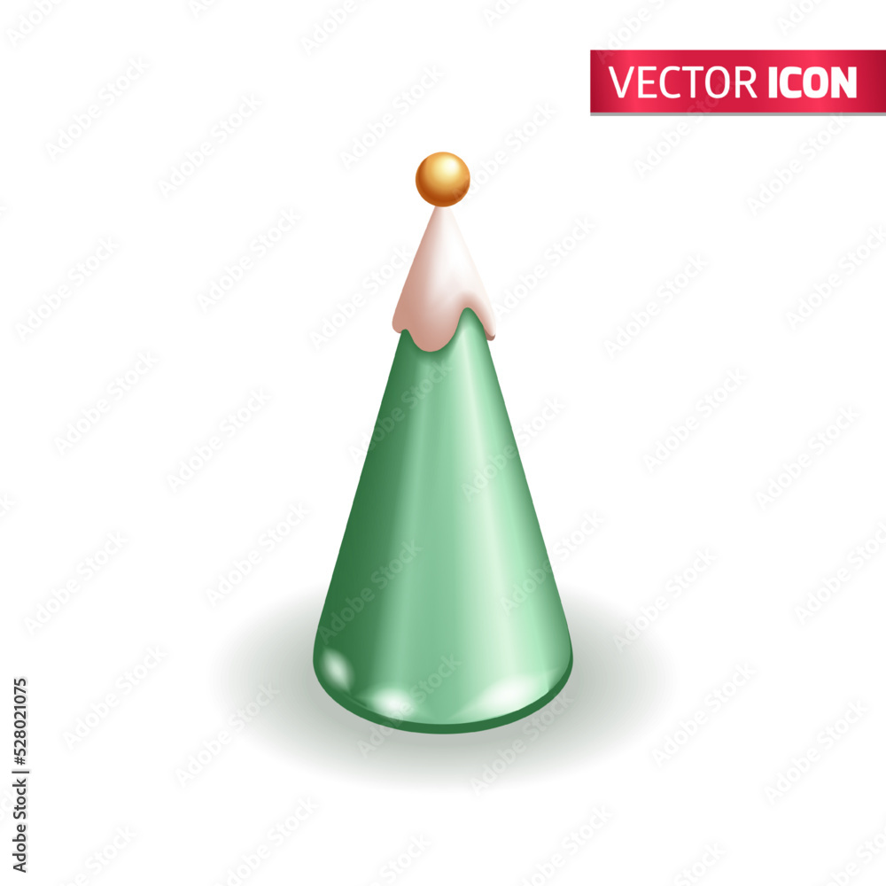 Realistic 3D Isometric illustration, Cartoon. Christmas tree in snow. Abstract decorative green festive conical shape tree. Isolated on white background. Vector icons for website Realistic 3D Isometric illustration, Cartoon. Christmas tree in snow. Abstract decorative green festive conical shape tree. Isolated on white background. Vector icons for website