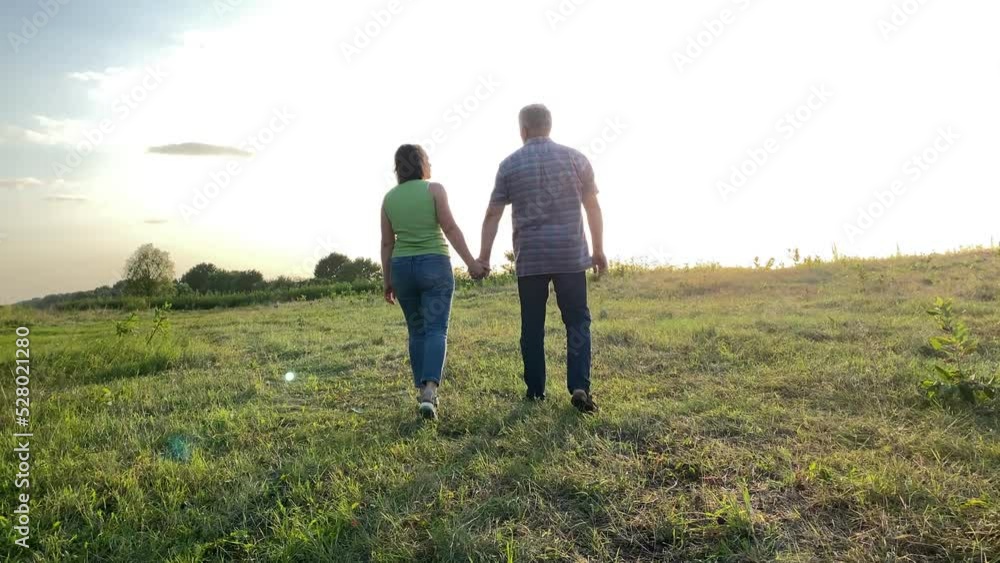 Silhouette of adult man, young adult woman walking into sunset at meadow. Couple spending time together, enjoying beautiful close day outdoors. Family taking pleasure in recreation, leisure at nature Silhouette of adult man, young adult woman walking into sunset at meadow. Couple spending time together, enjoying beautiful close day outdoors. Family taking pleasure in recreation, leisure at nature