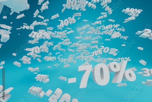 big sale. discount percentages flying over a blue background. 3d render