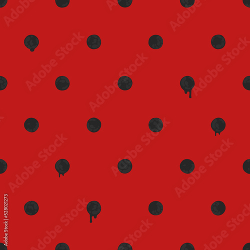 Black Polka Dot on Red Bloody Backdrop, Halloween Background, Seamless Pattern. Spooky Illustration for Holidays, Wrapping Paper, Texture EPS Vector.