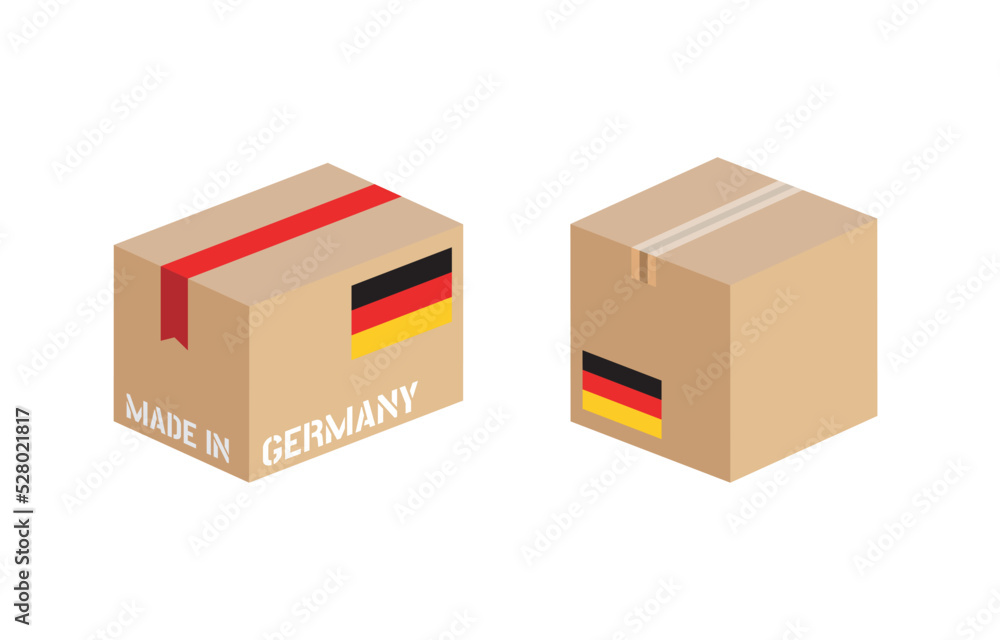 box with Germany flag icon set, cardboard delivery package made in Germany