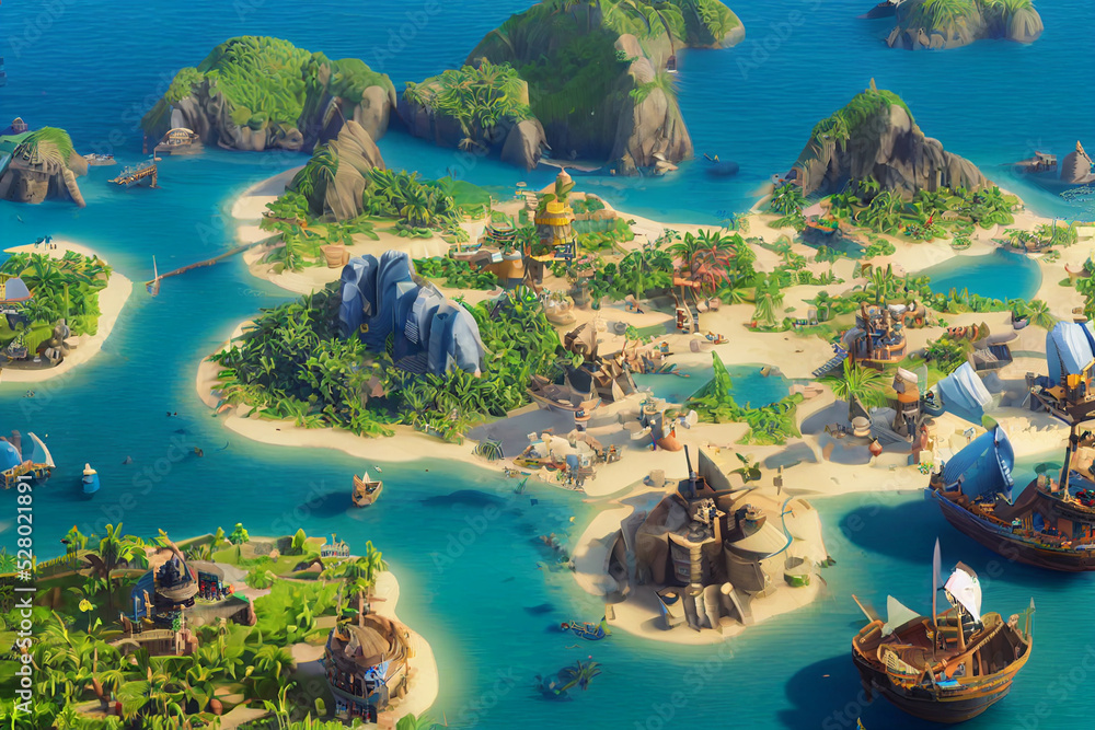 3D Render of Caribbean pirate archipelago in isometric perspective.
