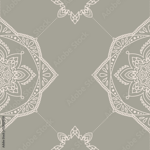 Seamless vector pattern with offwhite oriental mandala line art design. isolated on a cement colored background. Perfect for printing on fabric, paper, lace pattern and tattoo.
