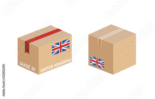 box with Great Britain flag icon set, cardboard delivery package made in UK