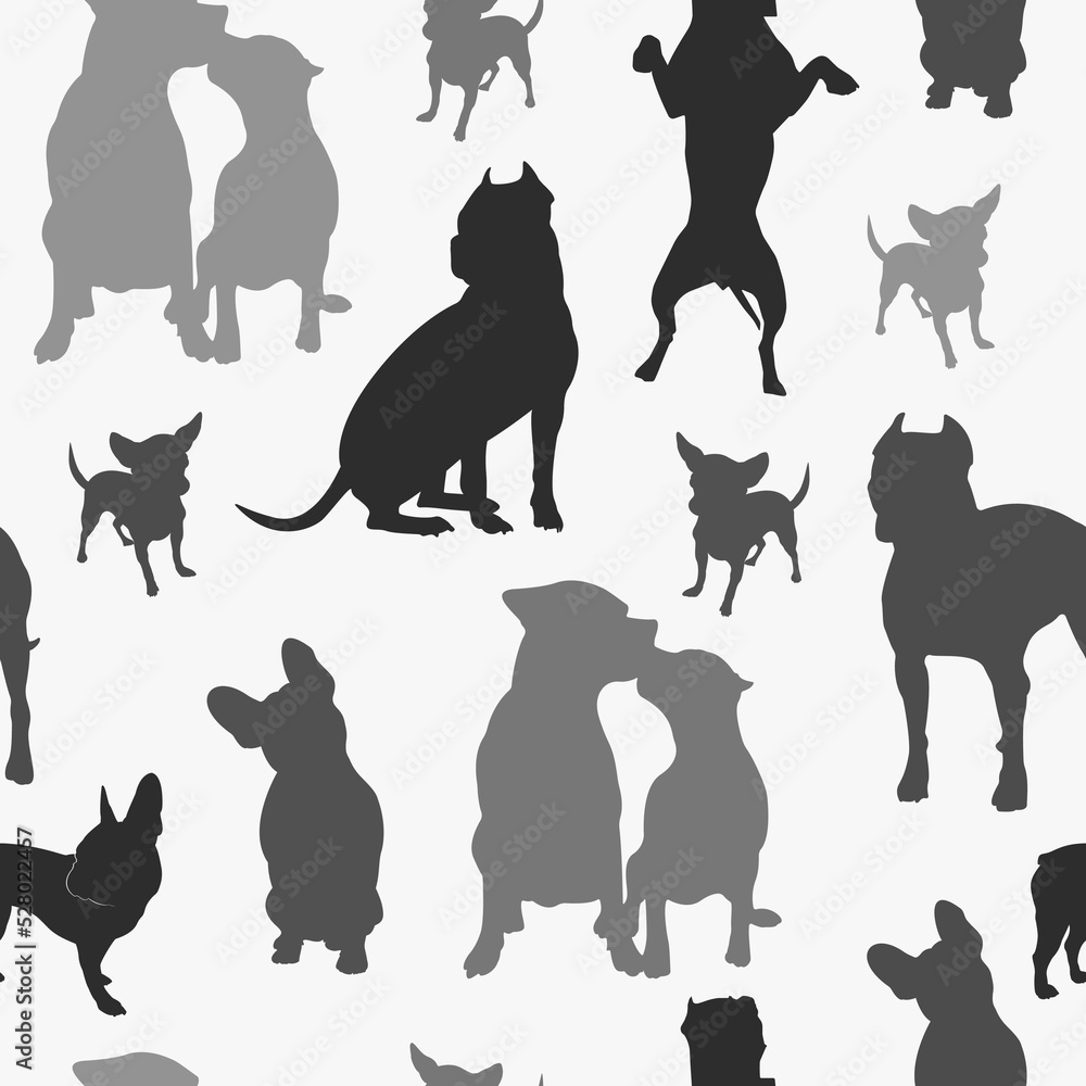 Dog seamless pattern. French bulldog, american staffordshire terrier, putbill and chihuahua dog silhouettes. Prints, packaging template, textiles, bedding and wallpaper.