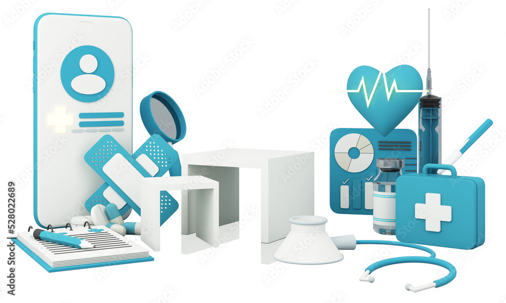 phone screen with patient id, heart disease and heart rate treatments and pills, plaster, first aid box and vaccine bottles and syringes. on blue and red color in concept online health check 3d render phone screen with patient id, heart disease and heart rate treatments and pills, plaster, first aid box and vaccine bottles and syringes. on blue and red color in concept online health check 3d render