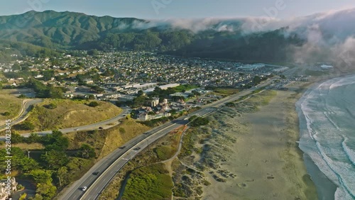 Drone Fly over Cabrillo Highway, CA. Aerial view of McNee Ranch State Park photo