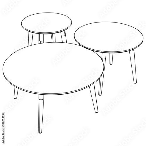 Hand-drawn collection of various coffee tables. Linear drawing. Isolated vector objects on white background. Clipart.