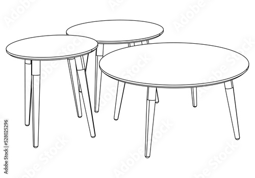 Hand-drawn collection of various coffee tables. Linear drawing. Isolated vector objects on white background. Clipart.