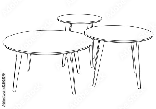 Hand-drawn collection of various coffee tables. Linear drawing. Isolated vector objects on white background. Clipart.